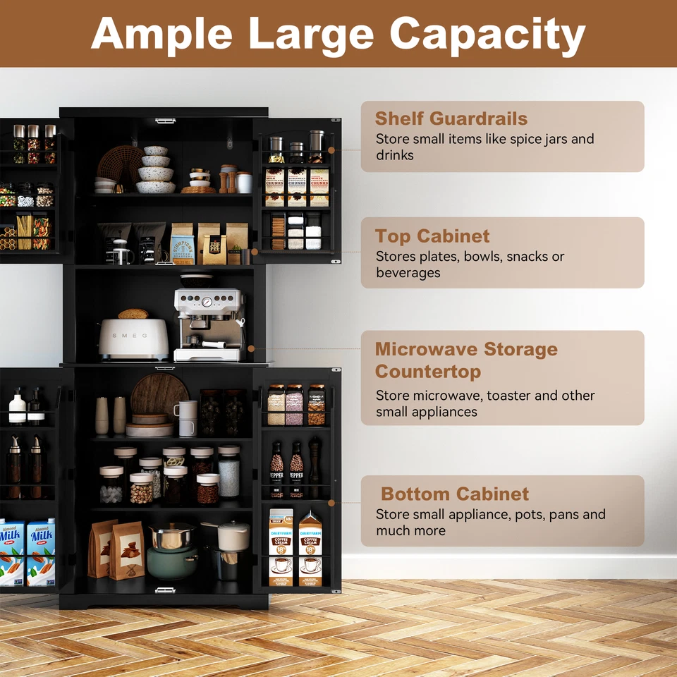 72-дюймовый кухонный кладовой шкаф для хранения традиционный отдельно стоящий с 4 дверцами черный - Изображение 3 из 4