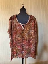 CATHERINES ~3X~BOHO/GYPSY/HIPPIE~S/SLV~Sequin~Sheer Crinkle Chiffon Tunic Blouse