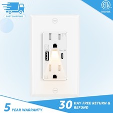 Wall Outlet Cover with Built-in Night Light 24W USB C/A 15A Tamper Resistant 1PK