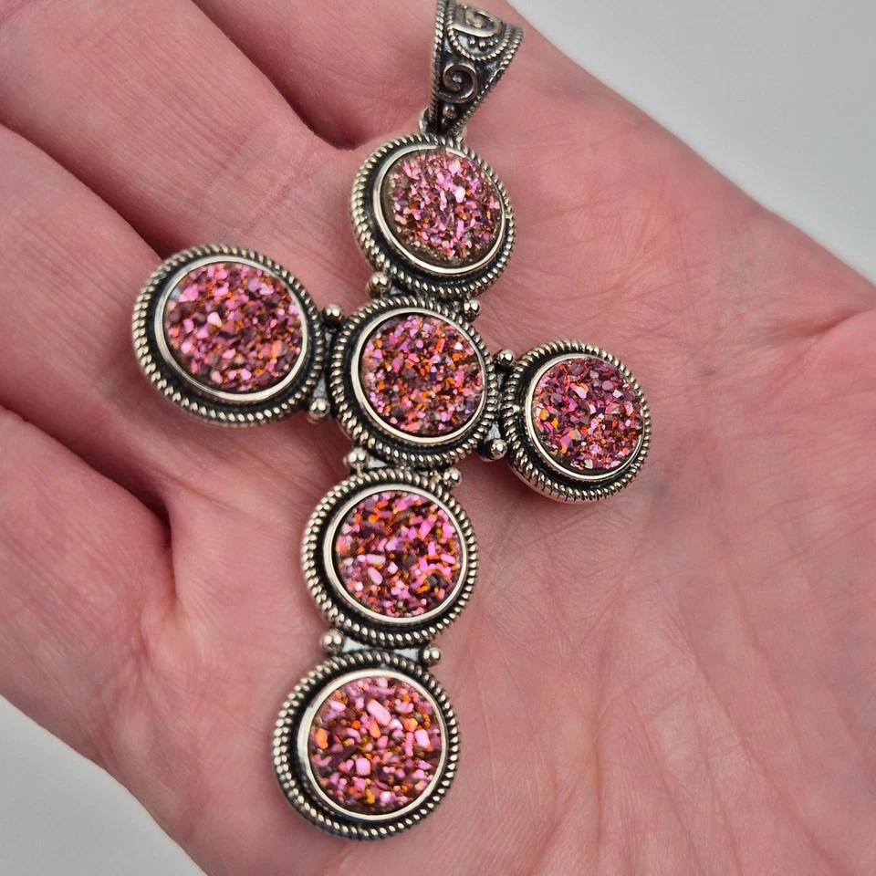 Vtg Pink Druzy Quartz Cross Pendant 2.5" x 1.75" Silver Tone Faith Statement - Image 4 of 4
