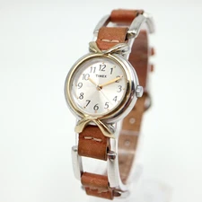 Timex Watch 25mm Silver Dial Brown Leather Link Strap with New Battery