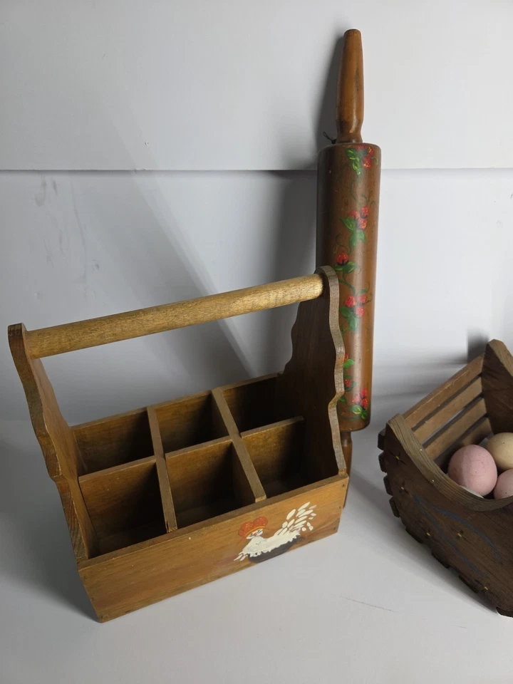 Lot Of 3 Vintage Wood Farmhouse/Country Kitchen Decor Roller,egg Basket, Crate. - Image 2 of 4