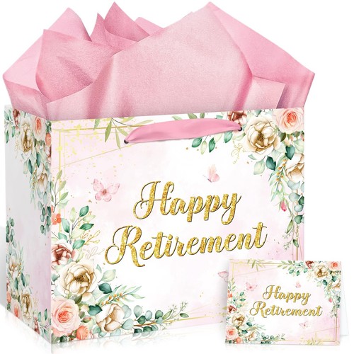 Pink Floral Retirement Gift Bag for Women - Happy Retirement Party Supplies w...