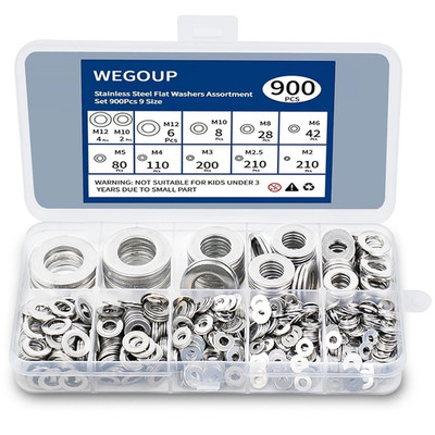 900 Pcs Stainless Steel Flat Washers for Screws, 304 Stainless Steel, Assorted S