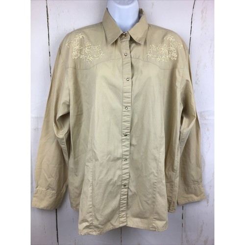 Wrangler Blues Women’s Tan Cotton Embroidered Western Pearl Button Top Sz. L