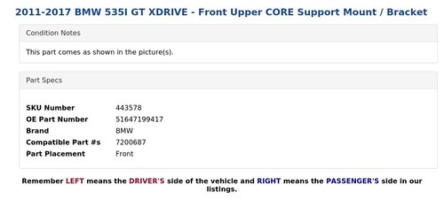 2011-2017 BMW 535I GT XDRIVE - Front Upper CORE Support Mount / Bracket - Picture 4 of 5