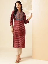 Indian Women BEAUTIFUL Maroon Cotton Floral Printed Kurta Kurti Top Tunic Dress