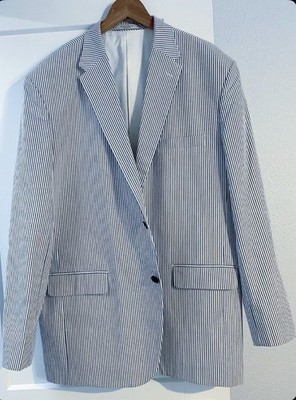 Studio Suits 44L Handcrafted Caccioppoli Seersucker Blazer Blue White Stripe