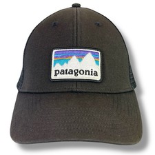 Patagonia Snap Back Mesh Trucker Hat Snowy Mountains Logo Black Brown Fitz Roy