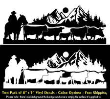 Cowboy Cattle Drive Cow Ranch Farm Scene Two Pack 8" x 3" Vinyl Decals Vehicles