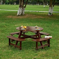 8 Person Round Picnic Table w/ 4 Benches, Umbrella Hole, Brown