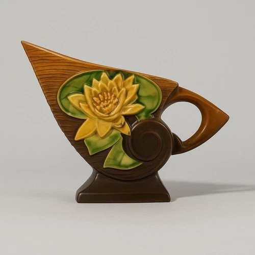 Roseville Pottery “Water Lily” Art Deco Cornucopia – Brown/Green/Yellow 176-6