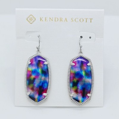 New Kendra Scott Elle Silver Drop Earrings In Teal Tie Dye Illusion