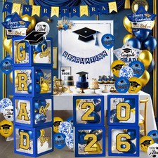 Graduation Decorations Class of 2026 Blue and Gold Balloons Boxes with Lette...