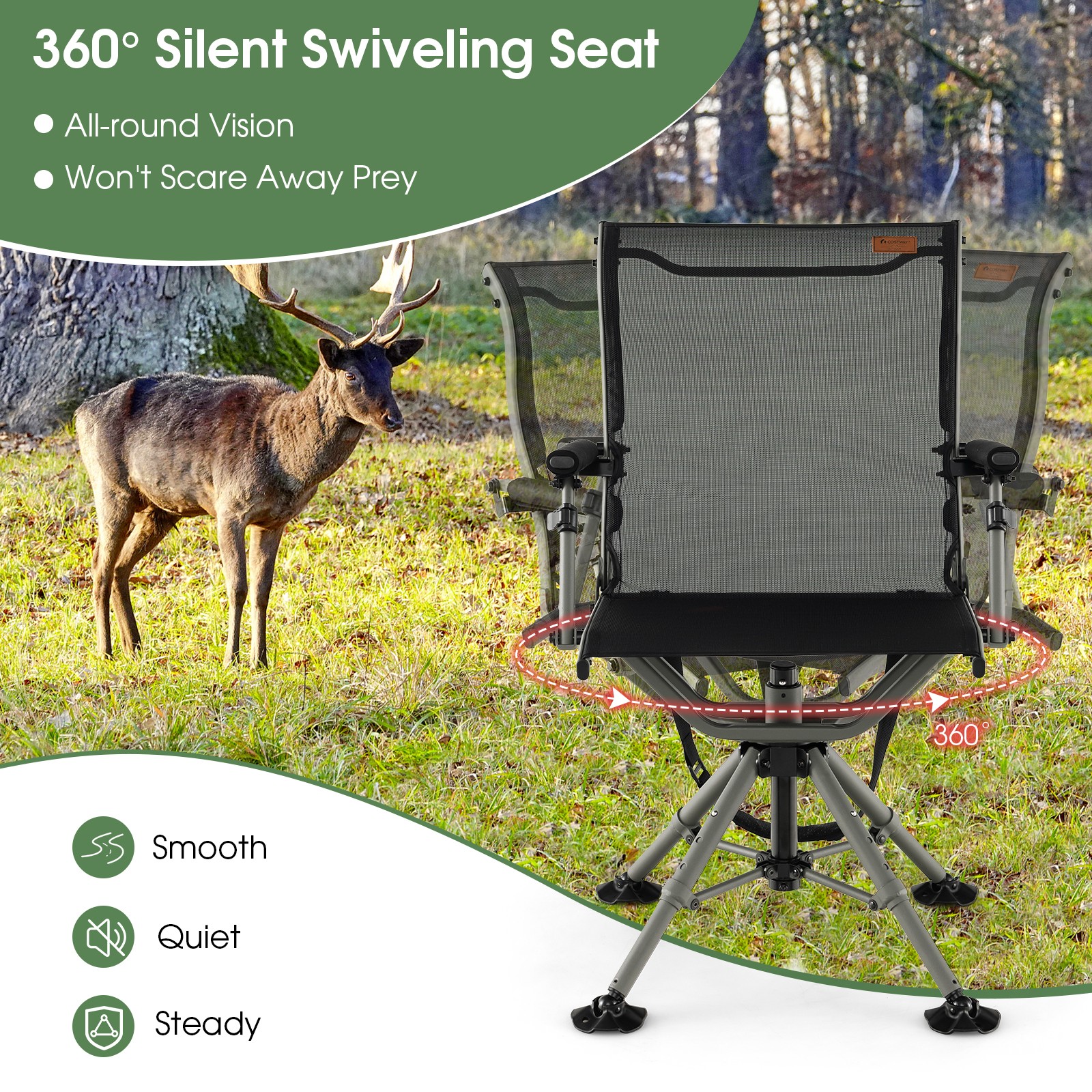 360 Degree Silent Swivel Hunting Chair, Folding Height Adjustable Hunter Chair