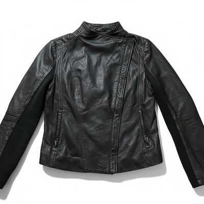 Trouve Soft Leather Moto Jacket Womens S Black Zip Up Draped Neck Ribbed Trim