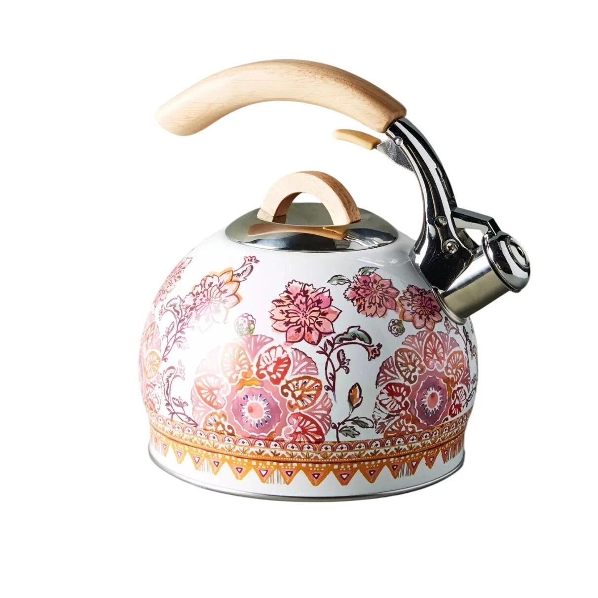 Anthropologie Luanne Floral Whistling Tea Kettle Pink Orange Botanical Stovetop