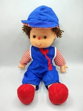 Vintage Ice Cream Boy Blue Overalls Brown Yarn Mop Head Doll 15” Cloth & Vinyl 