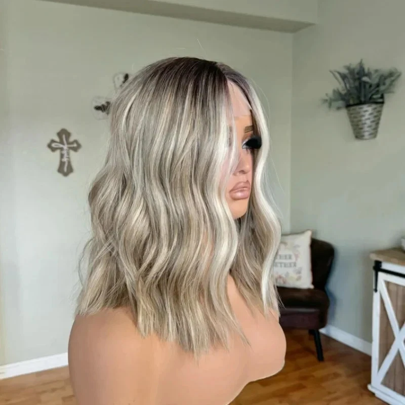 Balayage Ash Platinum Blonde Highlight 100% Human Hair Lace Front Wigs Dark Root - Image 3 of 4