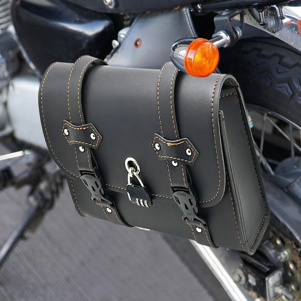 Schwarze Leder-Motorrad-Satteltasche, Schwingenarm-Vorderradgabel-Werkzeugtasche - Bild 2 von 4
