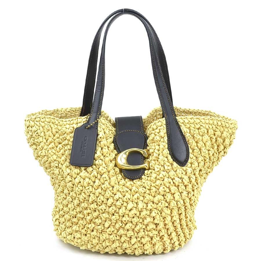 Auténtico bolso de mano COACH negro/natural rafia/cuero/dorado - h32382k