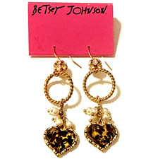 NEW Betsey Johnson Hollywood Glam Leopard Heart Earrings Rhinestone Pearl Dangle