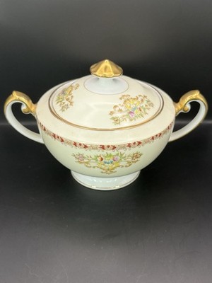 Meito China Hand Painted Porcelain Sugar Bowl with Lid Floral Gold Trim
