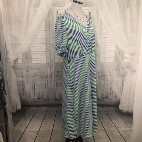 Ralph Lauren Size 16 Dress Green Blue V-Neck Striped A-Line Midi Short Sleeve B7 - Picture 5 of 11
