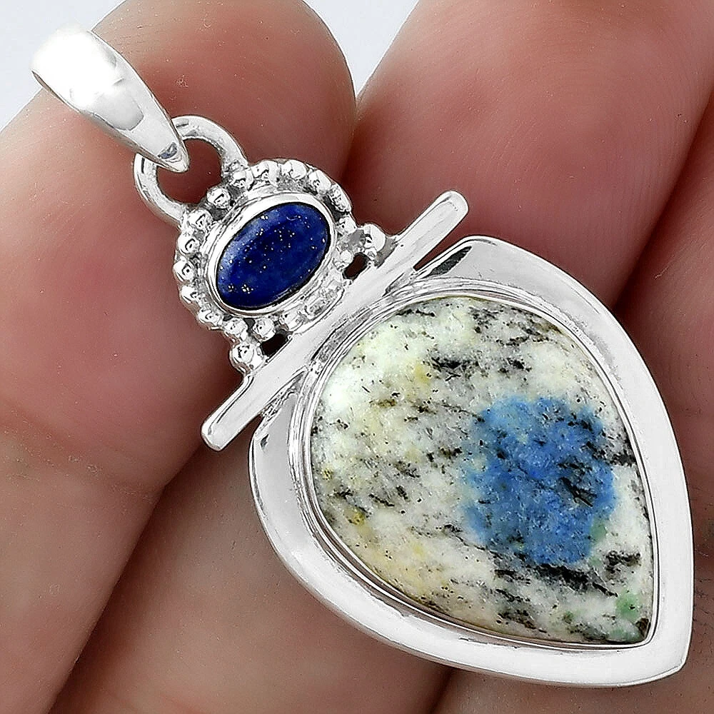 K2 Blue Azurite In Quartz and Lapis 925 Sterling Silver Pendant