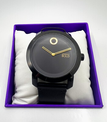 MOVADO BOLD 3601062 TREND IMPULSE BLACK/GOLD DIAL BLACK LEATHER STRAP MENS WATCH