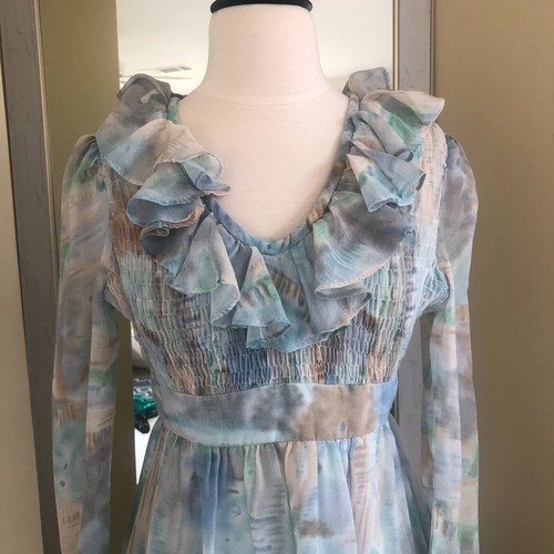 Vtg Maxi Prairie Dress Small Blue Ruffle Cottage Watercolor Candi Jones Flowy - Picture 4 of 9