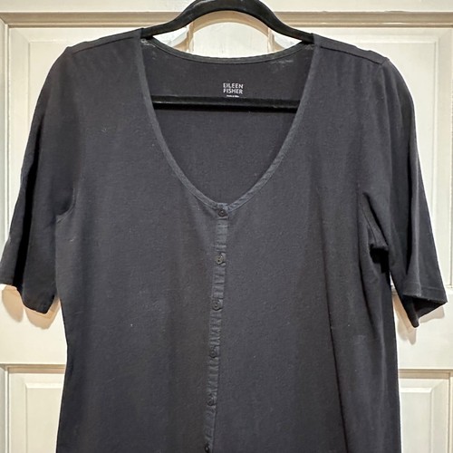 Eileen Fisher schwarzes kurzärmliges Baumwoll-Midikleid Knopfleiste vorne Damen klein - Bild 2 von 7