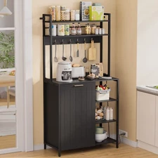 Bakers Rack with Trash Can Storage Bin Cabinet and Power Outlet