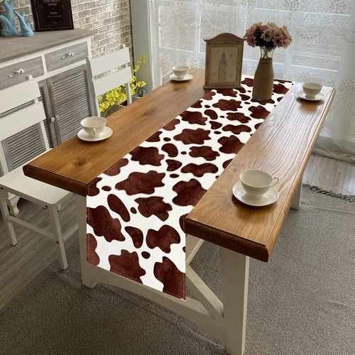 Linen Watercolor Cow Print Table Runner 72 Inches Long Cowhide Tablecloth Far... - Picture 3 of 6