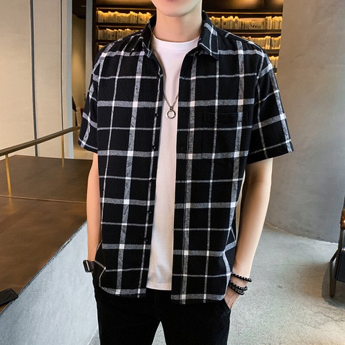 Mens Plaid Check Short Sleeve Collared Shirt Button-up Top Casual Blouse Summer - Picture 23 of 24