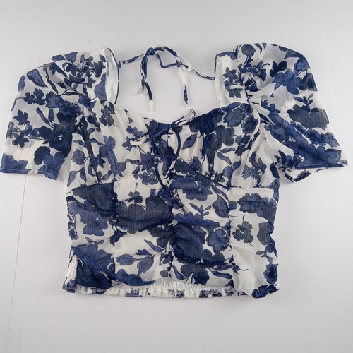 Sienna Sky Smocked Crop Top Women's Size XL Blue White Floral Print Lined Blouse