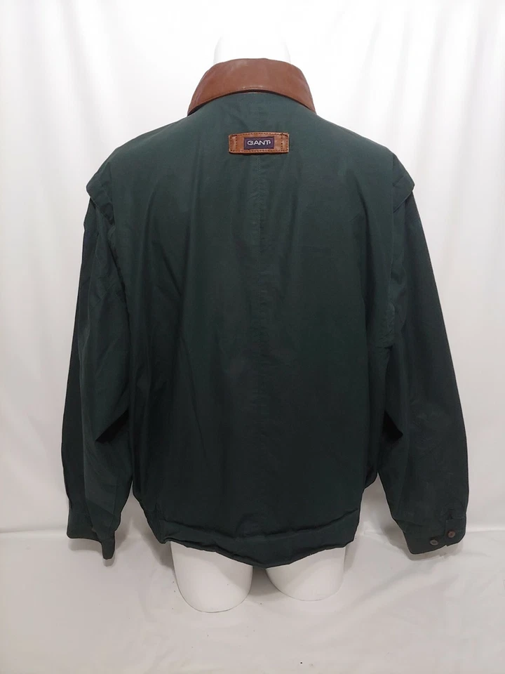 Gant Green Cotton Brown Leather Collar Mens Bomber Jacket Size XL - Image 2 of 4