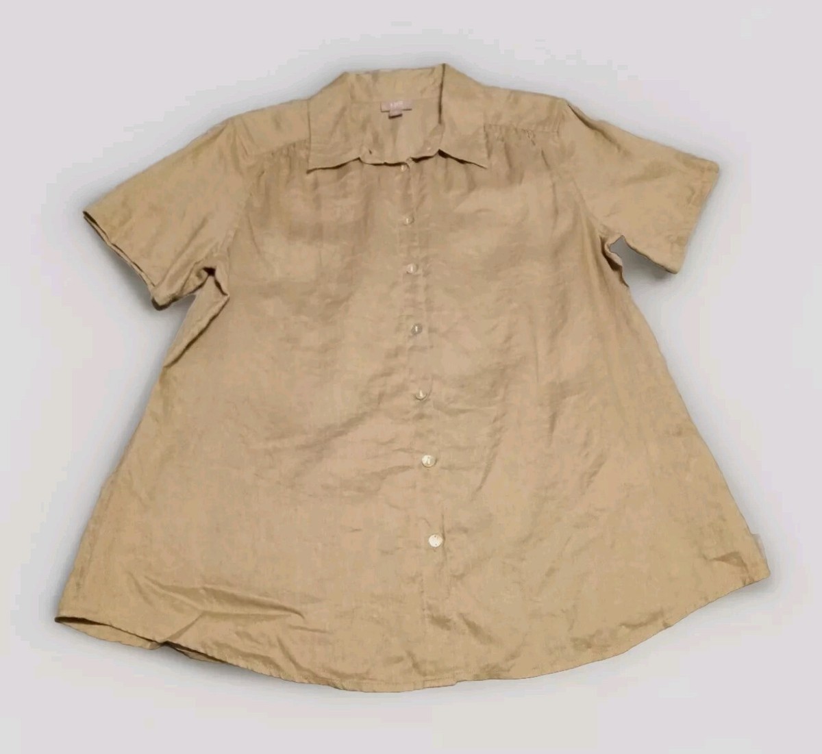 J Jill Sz M Linen Top Button Up Short Sleeve Light Brown Relaxed
