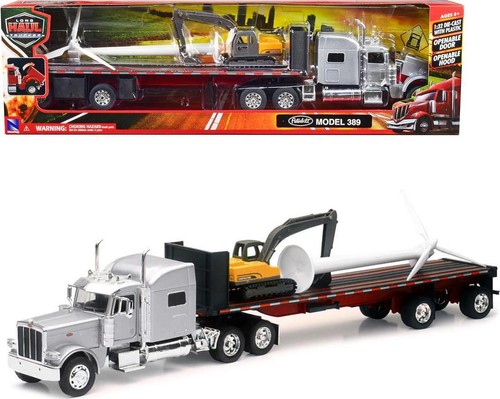 Peterbilt 389 Truck Silver w/ Flatbed Trailer, Excavator and Wind Turbine 1/32 - Picture 4 of 4