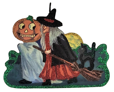 WITCH w PUMPKIN GHOST, CAT & MOON  * Glitter HALLOWEEN ORNAMENT * Vtg Img