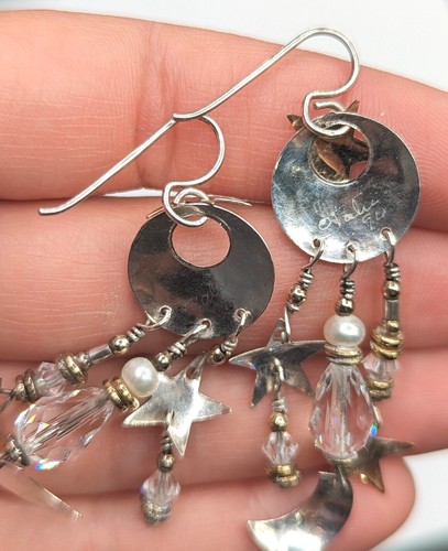 Signed TABRA Silver Gold Two Tone Moon Star Bead Dangle Pierced Earrings - Picture 10 of 15