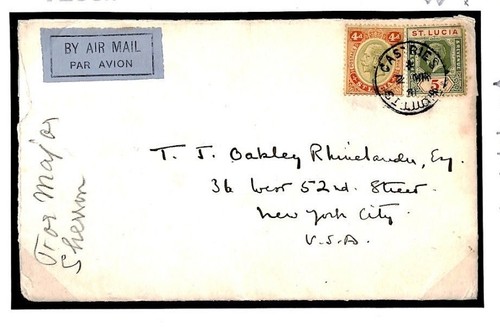 ST. LUCIA Cover KGV 5s High Value Franking Air Mail USA New York1931 Y253a - Picture 2 of 6