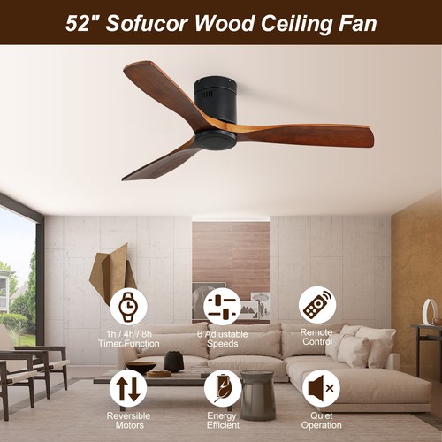 52'' Flush Mount Carved Wood Ceiling Fan No Light W/ Remote Bedroom Ceiling Fan - Picture 3 of 40