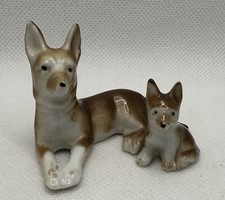 Vintage German Shepherd Dog Miniature Bisque Figurines set of 2 Mother And Pup