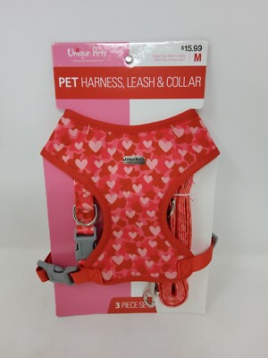 Unique Petz Pet Harness, Leash & Collar Red with Pink Hearts - Choose Size