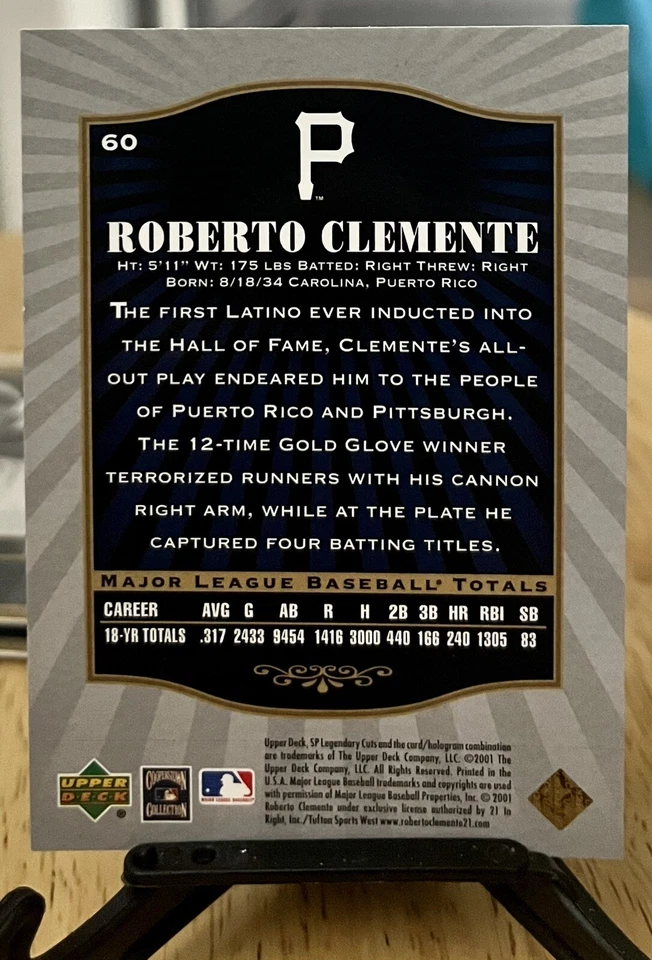 2001 SP Legendary Cuts Baseball #60 Roberto Clemente Pittsburgh Pirates  - Image 2 of 2