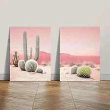 2pcs Botanical Abstract Pink Cactus, Desert Mural Wall Art Canvas Unframed