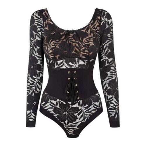 NWT Agent Provocateur Bodysuit Lingerie Black Long Sleeve Lace Up Teddy Corset 2
