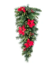 Glitzhome 3' Pre-Lit Greenery Pine Poinsettia & Red Berries Teardrop Swag