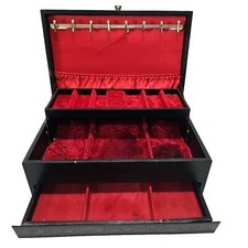 Mele Jewelry Box 3 Tier Large Black Leather Red Velvet Drawers Vtg